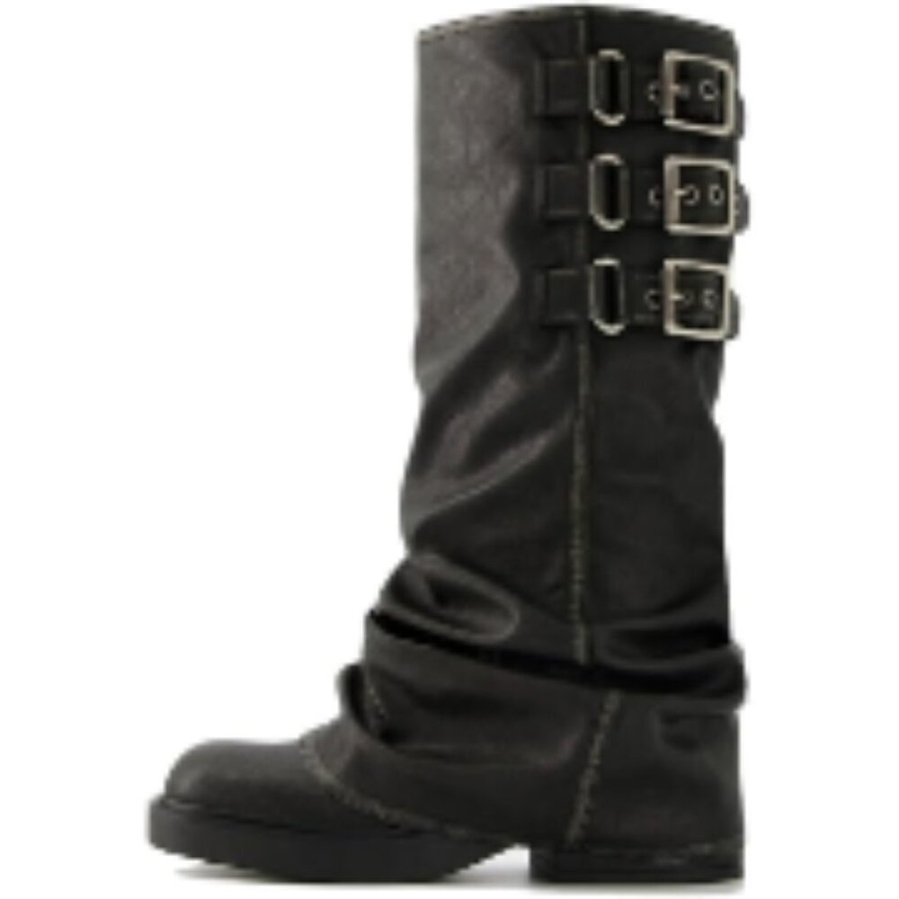 Synthetic Knee High Boots With Fold Over Design And Chunky Platform Heel